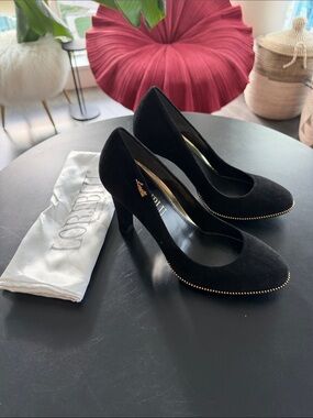 Loriblu Black Suede Mid Heel Pumps with Gold Zipper Trim